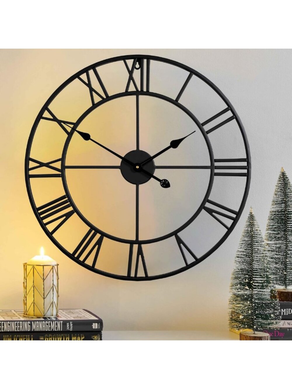 Stylish 24-Inch Silent Wall Clock for Living Room Decor - Metal Roman Numerals